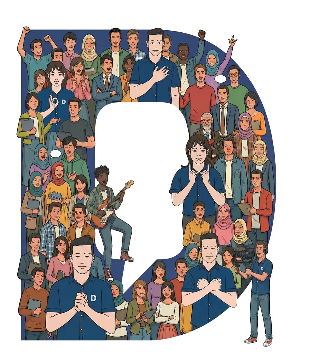 Ilustrasi komunitas Katadata membentuk huruf D
